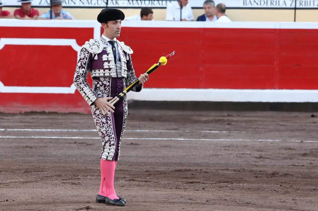 Torero español con traje de luces morado y blanco, listo para clavar banderillas.