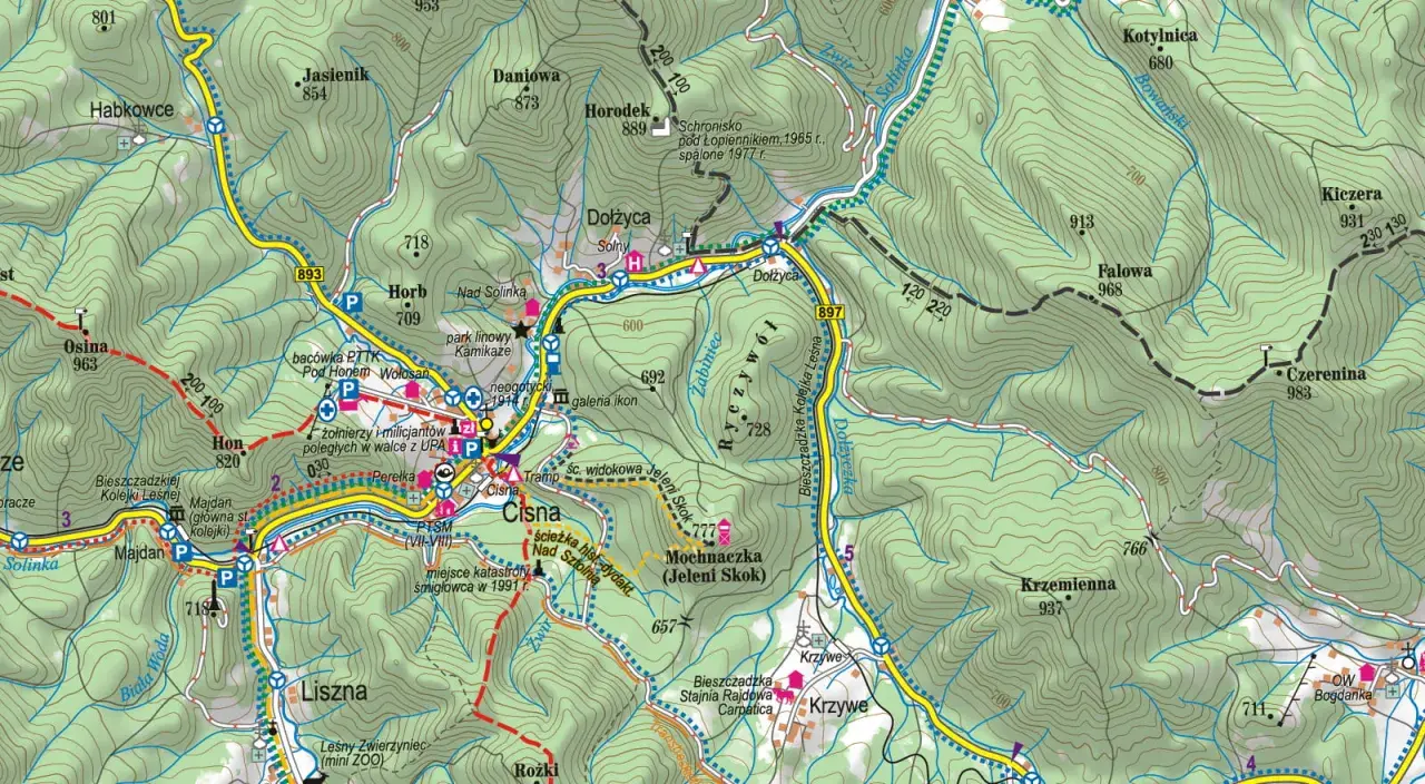 Mapa turystyczna z zaznaczonymi szlakami, miejscowościami (Cisna, Majdan, Horb) i atrakcjami. Gdzie są Bieszczady? Właśnie tutaj, na tej malowniczej mapie!