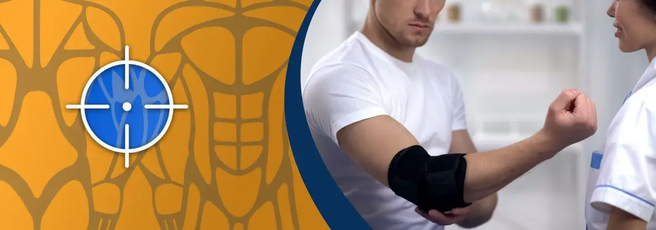 Mann mit Ellenbogenbandage, Arzt im Hintergrund. Ein Fadenkreuz-Symbol auf anatomischem Hintergrund deutet auf gezieltes Training (epi train) hin.