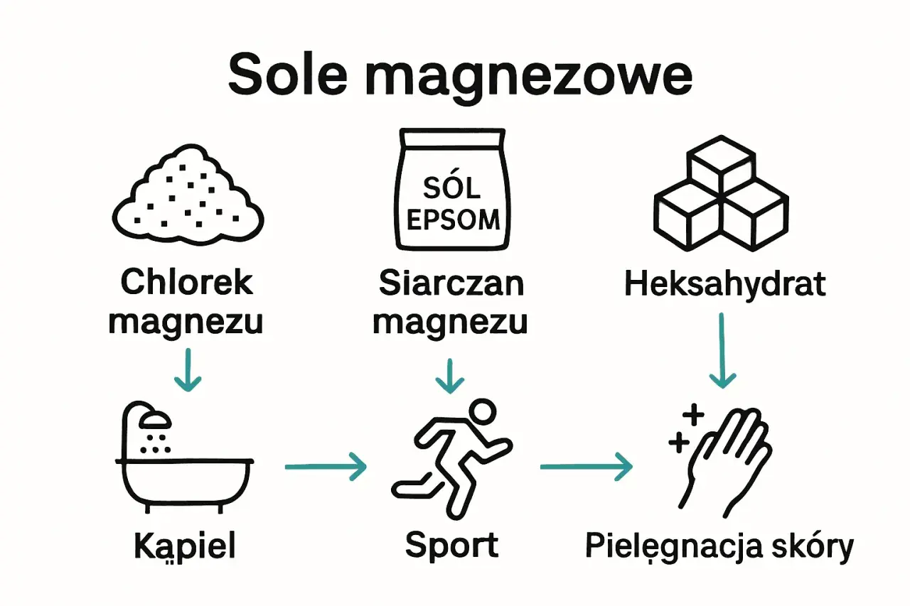 Diagram pokazuje sole magnezowe: chlorek magnezu do kąpieli, siarczan magnezu (sól Epsom) do sportu, heksahydrat do pielęgnacji skóry.