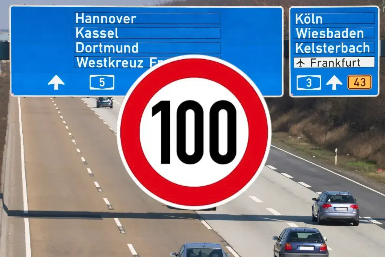 Znak ograniczenia prędkości do 100 km/h na niemieckiej autostradzie. W tle tablice z kierunkami do Hanoweru, Kolonii i Frankfurtu.