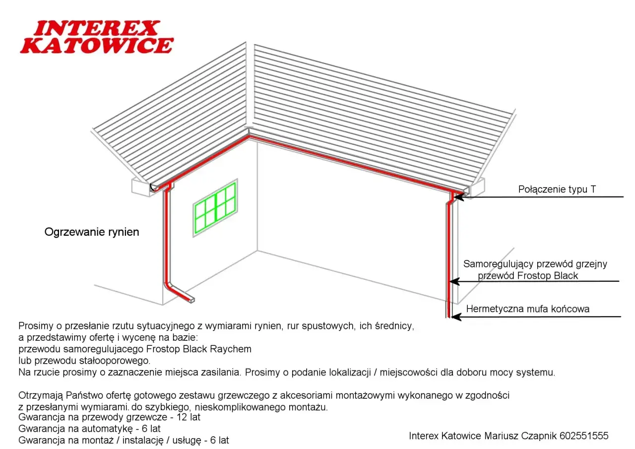 Schemat ogrzewania rynien. Jak obliczyć powierzchnię dachu? Potrzebne są wymiary rynien i rur spustowych.