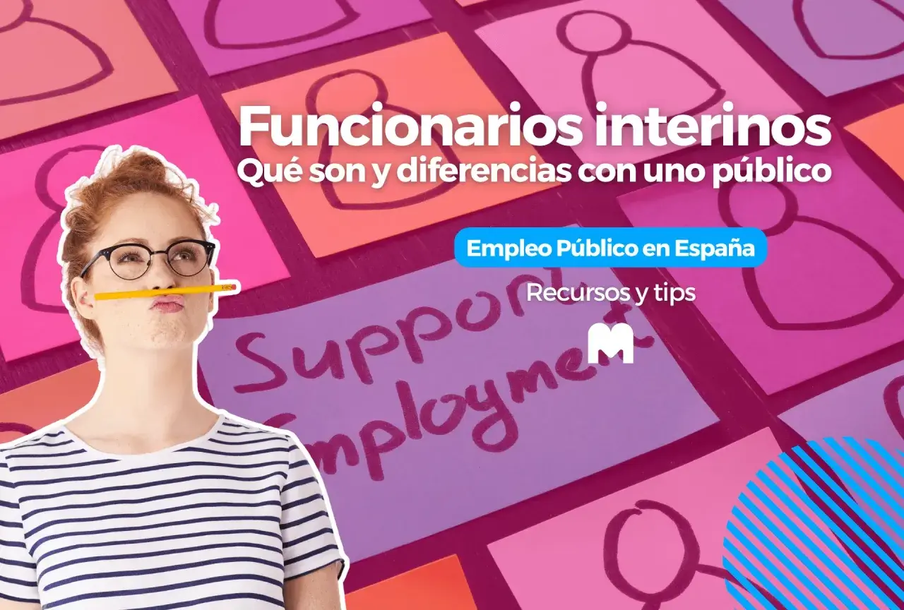 Mujer pensativa con un lápiz en la boca, rodeada de notas adhesivas con siluetas de personas. El texto explica qué es un interino en el empleo público.
