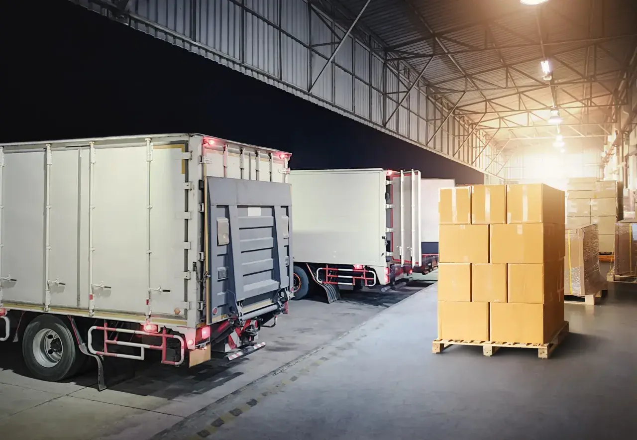 Ciężarówki czekają na załadunek w magazynie, gotowe do xpress delivery. Stosy paczek na paletach.