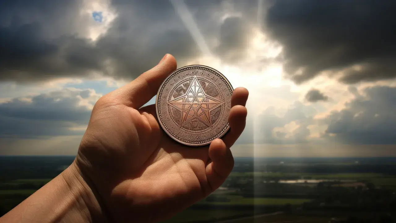 Dłoń trzyma monetę z symbolem gwiazdy, jak w talii **Monet Tarot**, na tle burzowego nieba.