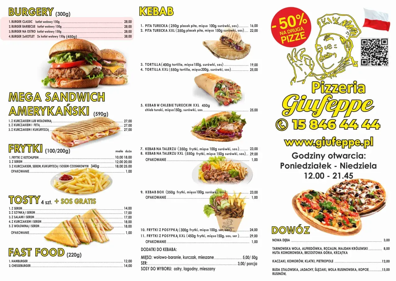Menu Pizzerii Giuseppe: burgery, kebab, tosty, frytki i fast food. Zamów pyszny kebab Giuseppe!