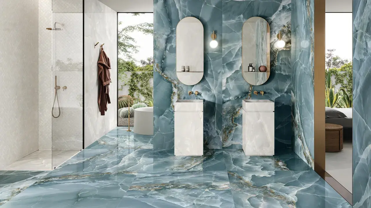Un lussuoso bagno con pavimenti e pareti in onice blu, due lavabi moderni e una doccia con piastrelle bianche.