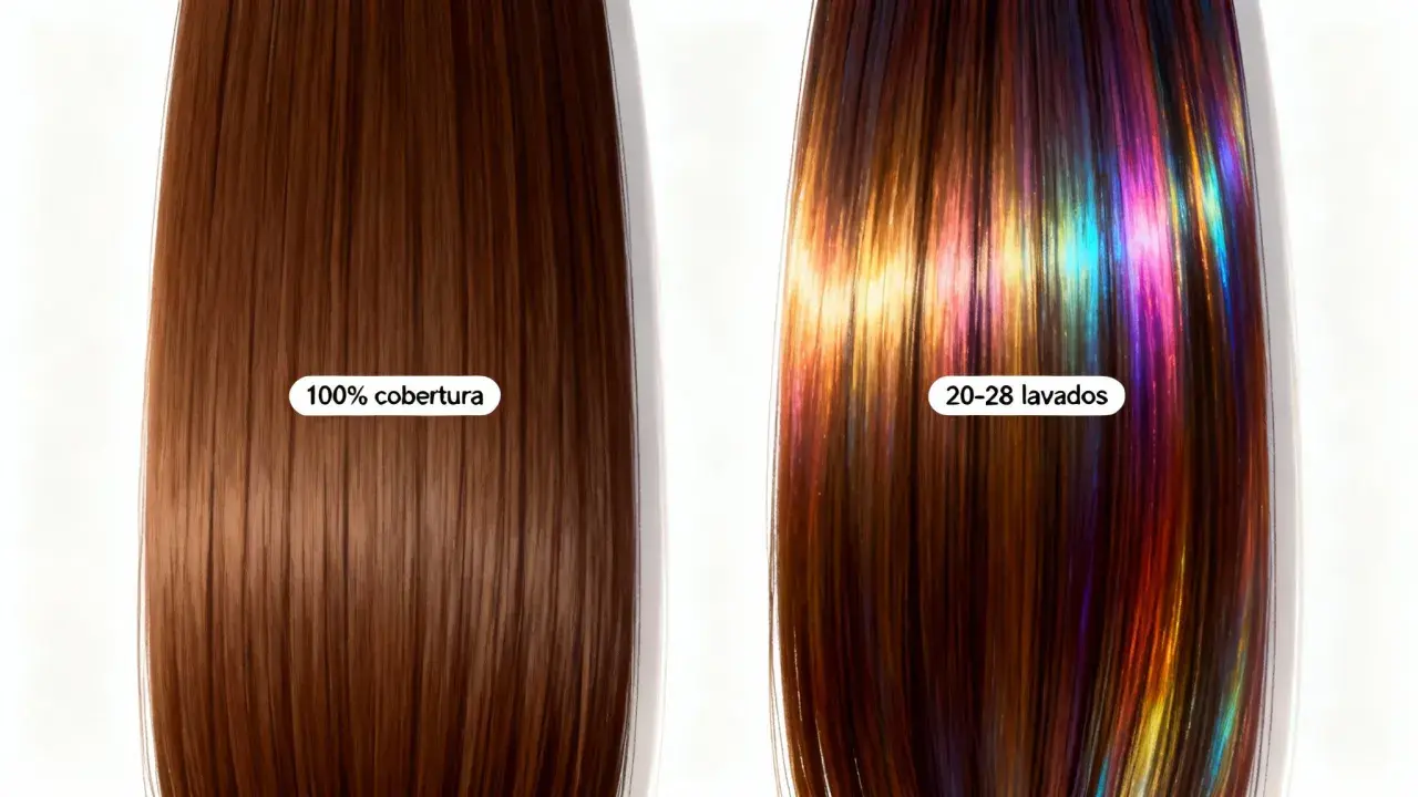 Cabello castaño con tinte de cobertura total (izquierda) vs. cabello con baño de color y reflejos iridiscentes que duran 20-28 lavados (derecha).