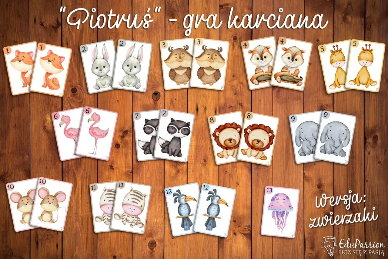 Karty do gry Piotruś z uroczymi zwierzątkami: lisy, króliki, sowy, wiewiórki, żyrafy, flamingi, szopy, lwy, słonie, myszy, zebry, tukany i meduza.