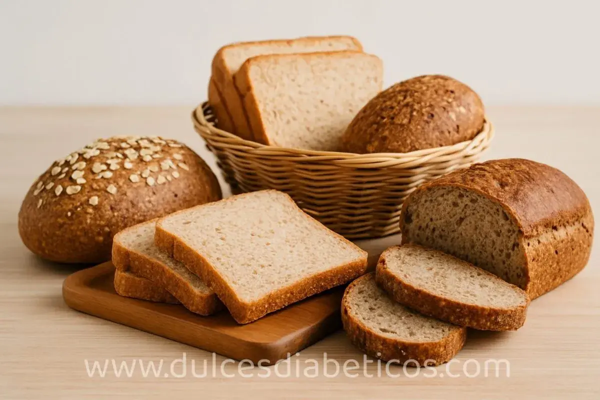 Variedad de panes integrales, incluyendo pan de salvado, hogazas y rebanadas, presentados en una tabla de madera y una cesta.