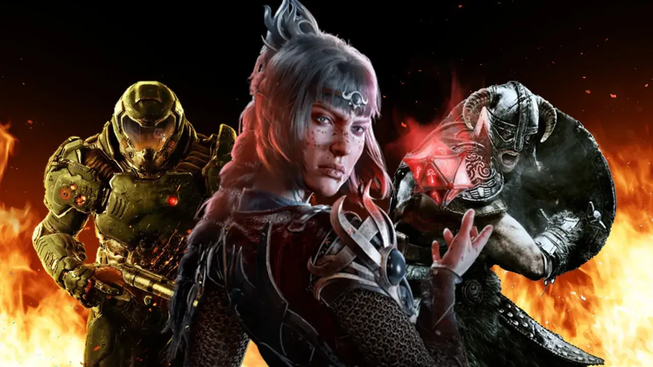 Postacie z gier: Doom Slayer, wojowniczka i wojownik z Skyrim. Idealne gry bez internetu na długie wieczory.