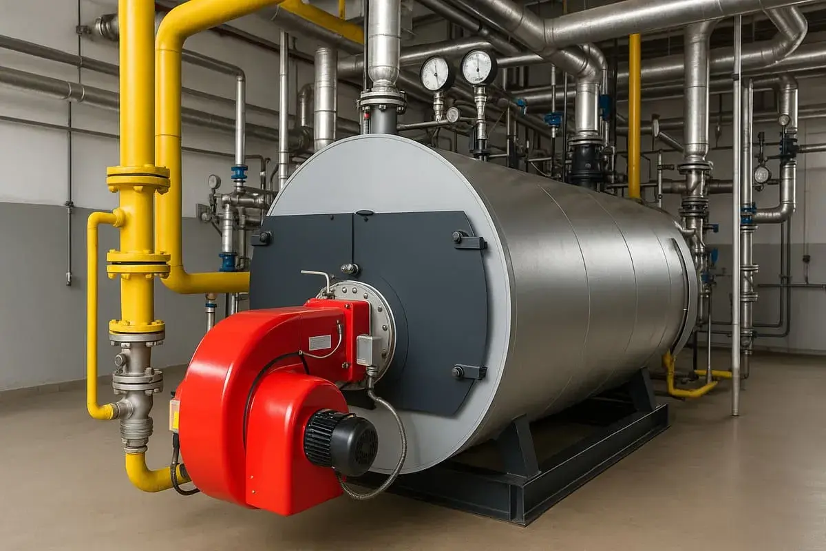Una caldera de vapor industrial con quemador rojo y tuberías amarillas y plateadas.
