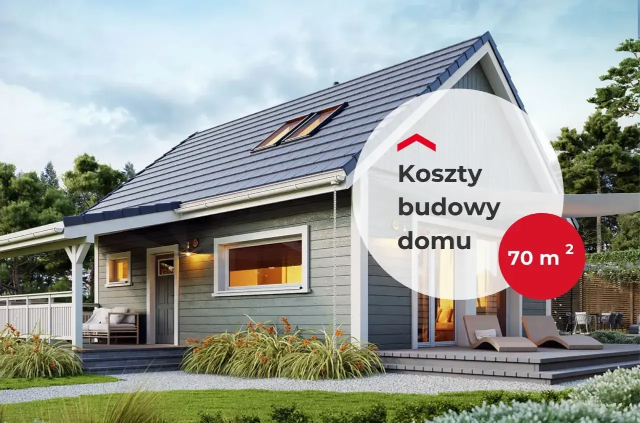 Nowoczesny projekt domu 70m2 bez pozwolenia. Elegancki, szary dom z tarasem i dużymi oknami, otoczony zielenią.