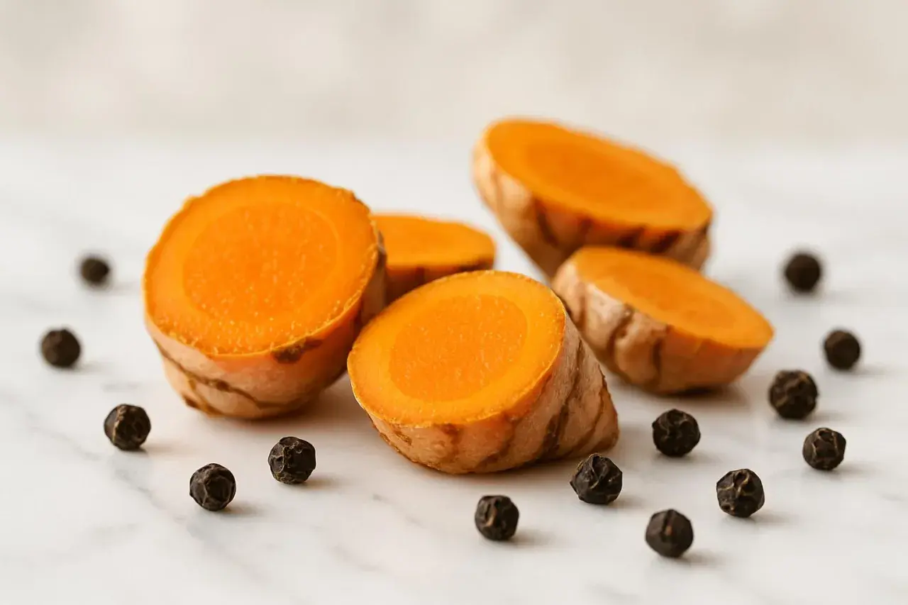 Fette di curcuma fresca e grani di pepe nero, ingredienti perfetti per un infuso con miele e zenzero.