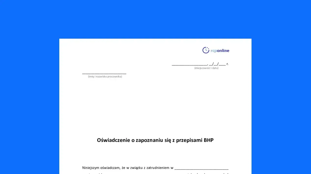 Formularz "Oświadczenie o zapoznaniu się z przepisami BHP" od rcponline. Dowiedz się, jak napisać oświadczenie.