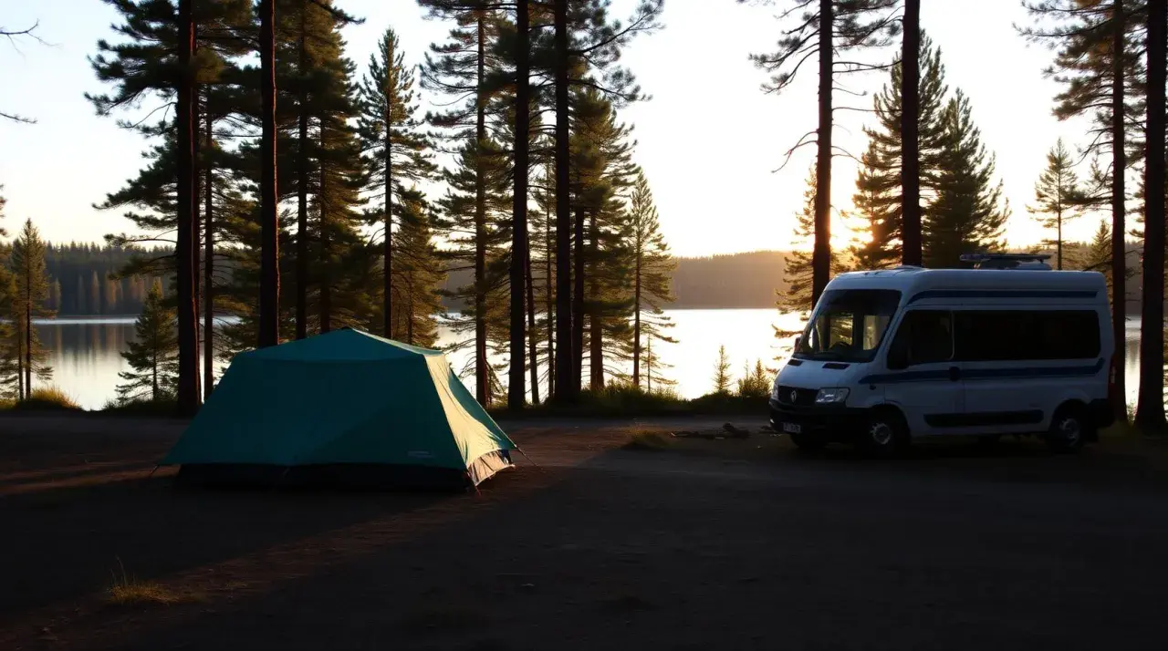En grön kupoltält och en vit husbil står parkerade vid en sjö i en tallskog. Solen går ner bakom träden.