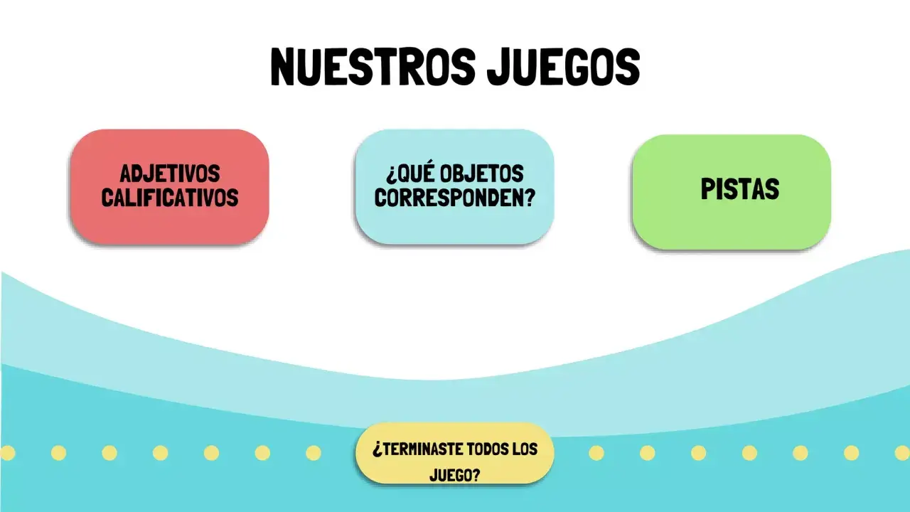 Pantalla con "NUESTROS JUEGOS". Botones: "ADJETIVOS CALIFICATIVOS", "¿QUÉ OBJETOS CORRESPONDEN?", "PISTAS". Abajo, "¿TERMINASTE TODOS LOS JUEGO?".
