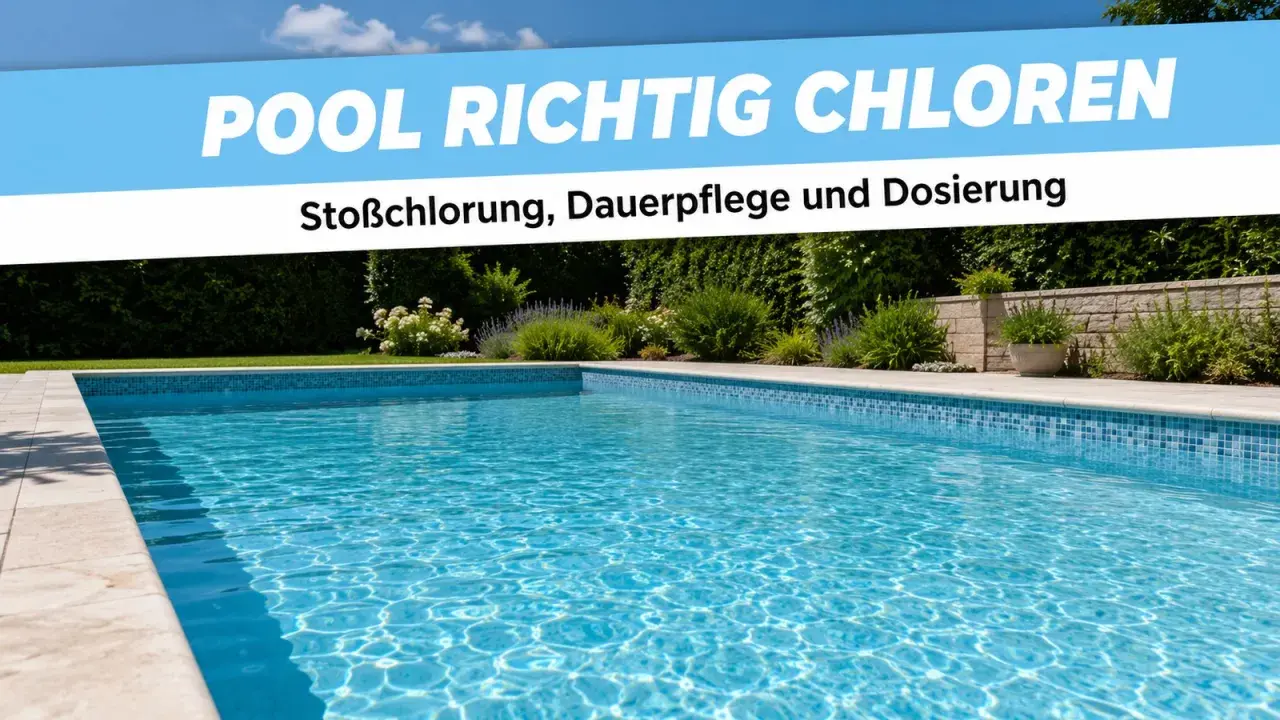 Klares Poolwasser mit Text "Pool richtig chloren: Stoßchlorung, Dauerpflege und Dosierung". Die richtige Chlordosierung ist entscheidend für hygienischen Badespaß.