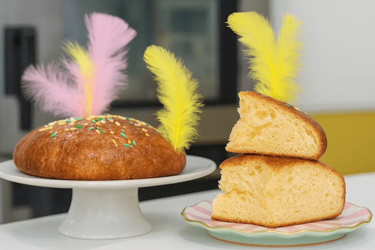 Deliciosa receta mona de pascua esponjosa, decorada con plumas de colores y chispas. ¡Perfecta para compartir!