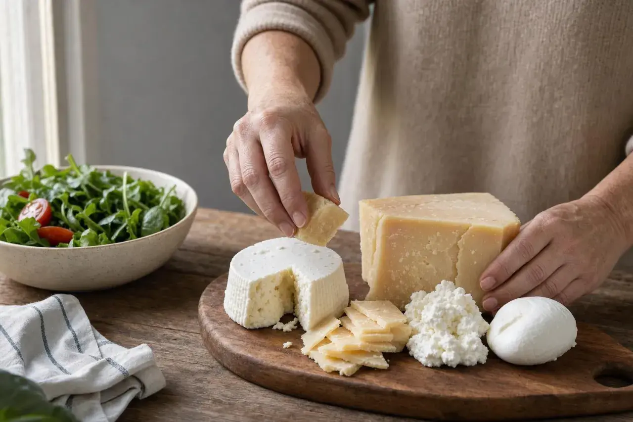 Selezione di formaggi su tagliere: ricotta, mozzarella, parmigiano e fette sottili, con un pezzo di provolone che ricorda il colesterolo.