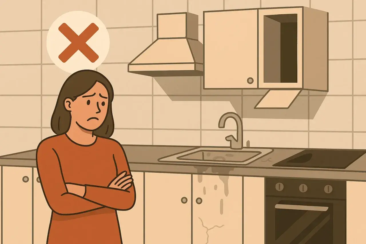 Femme dépitée devant une cuisine Cuisinella abîmée, avec un signe d'interdiction. Problème SAV Cuisinella.