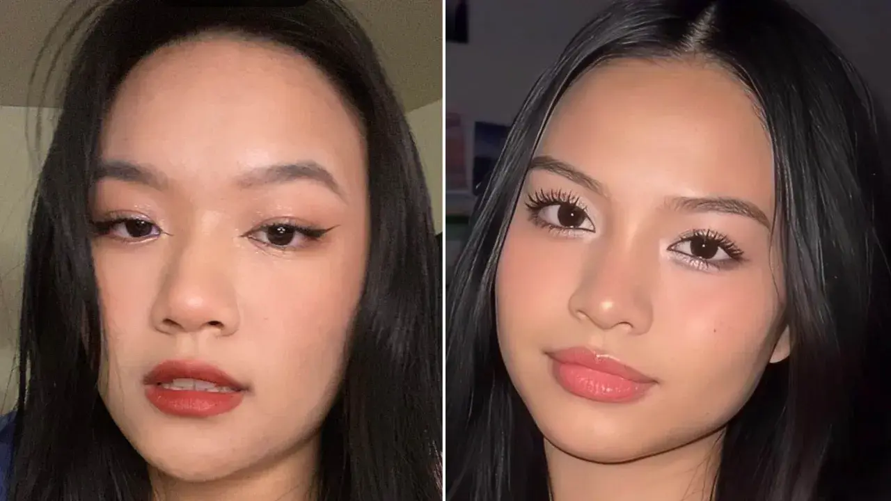 Två närbilder på en ung kvinna med olika douyin makeup-stilar. Den vänstra visar en mer dramatisk look med eyeliner och mörkt läppstift, medan den högra har en mjukare, glansigare finish.