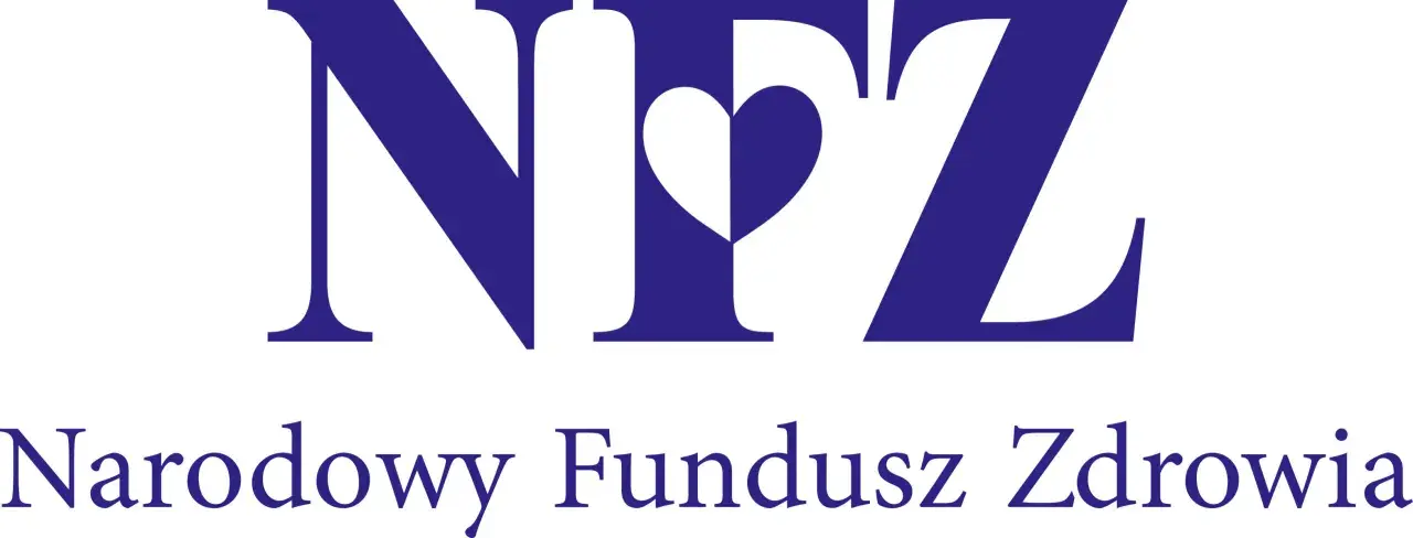 Logo Narodowego Funduszu Zdrowia (NFZ). Symbol serca w literze "F" nawiązuje do troski o zdrowie i refundacji NFZ.