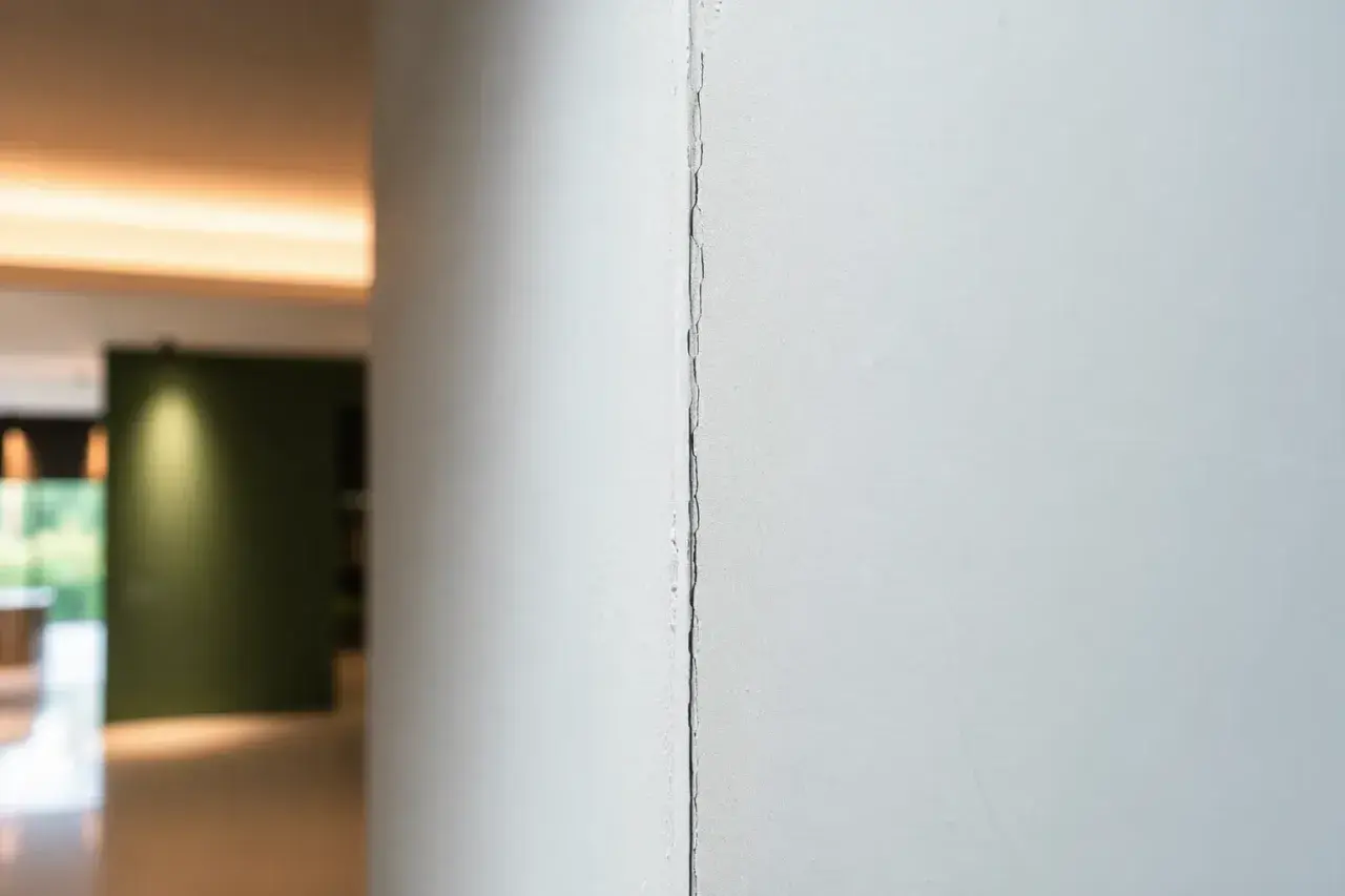 Dettaglio di una crepa su giunti cartongesso, con uno sfondo sfocato di un interno moderno.