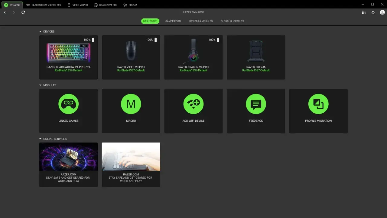 Razer Synapse Dashboard zeigt Razer BlackWidow V4 Pro, Viper V3 Pro, Kraken V4 Pro und Freyja. Module wie Linked Games, Macro und Feedback sind verfügbar.