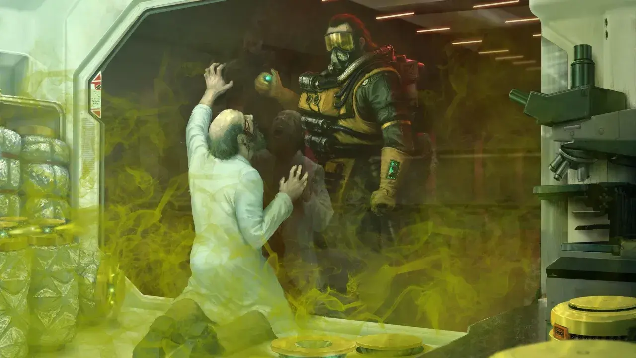 Caustic z Apex Legends w laboratorium, otoczony żółtym gazem. Naukowiec w białym kitlu klęczy, próbując się bronić.