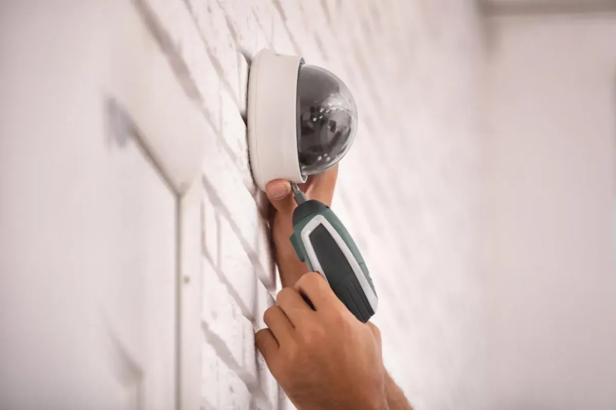 Installation d'un capteur infra rouge de surveillance, une main utilise un tournevis électrique pour fixer la caméra dôme sur un mur en briques blanches.