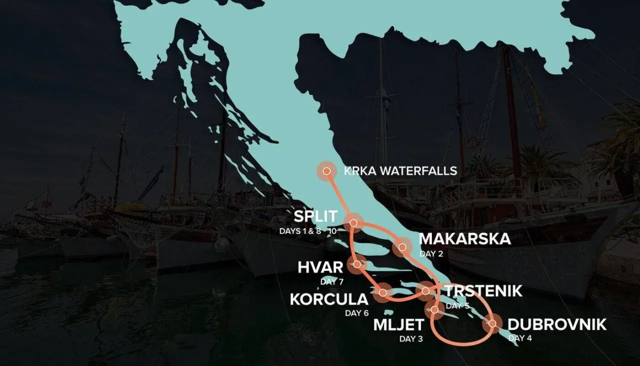 Route einer Kroatien Rundreise 10 Tage: Split, Krka Wasserfälle, Makarska, Trstenik, Mljet, Dubrovnik, Korcula, Hvar.