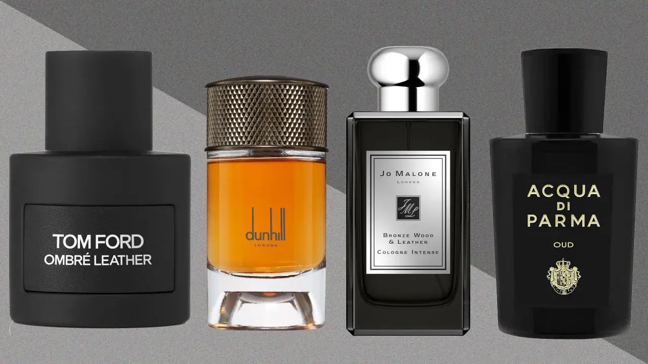 Cztery flakony perfum: Tom Ford Ombré Leather, Dunhill, Jo Malone i Acqua di Parma.