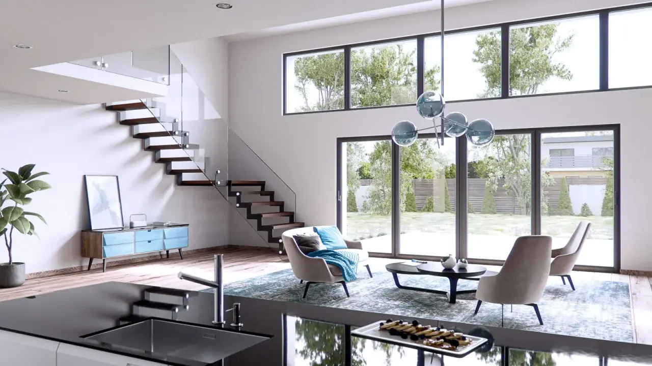 Nowoczesny salon z widokiem na ogród. Okna bez firanek inspiracje: minimalistyczne meble, szklane balustrady, drewniane schody.
