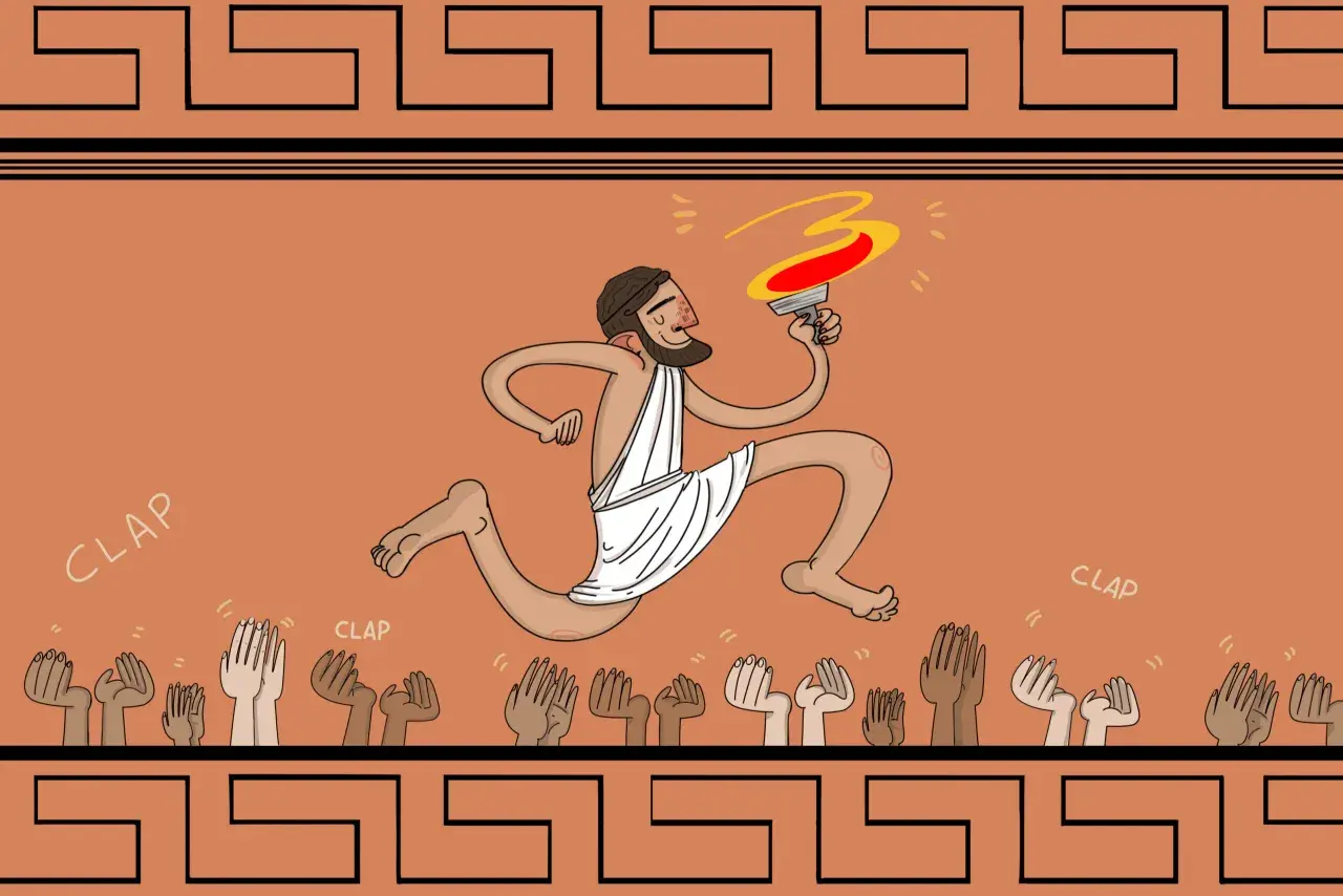 Il mito di Prometeo e il fuoco: un uomo corre con una torcia accesa, acclamato da mani che applaudono.