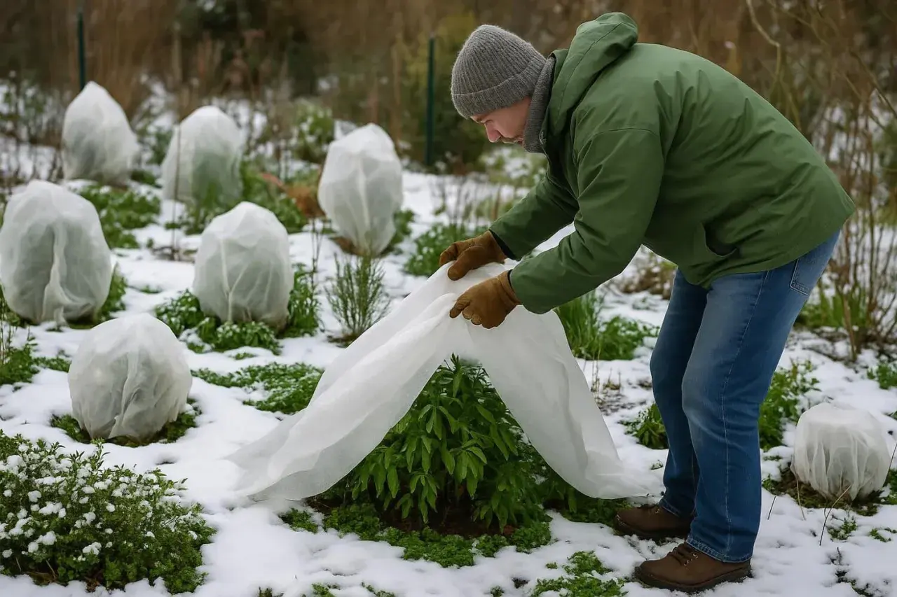 Un jardinier protège des plantes avec du **non tissé** sous la neige.