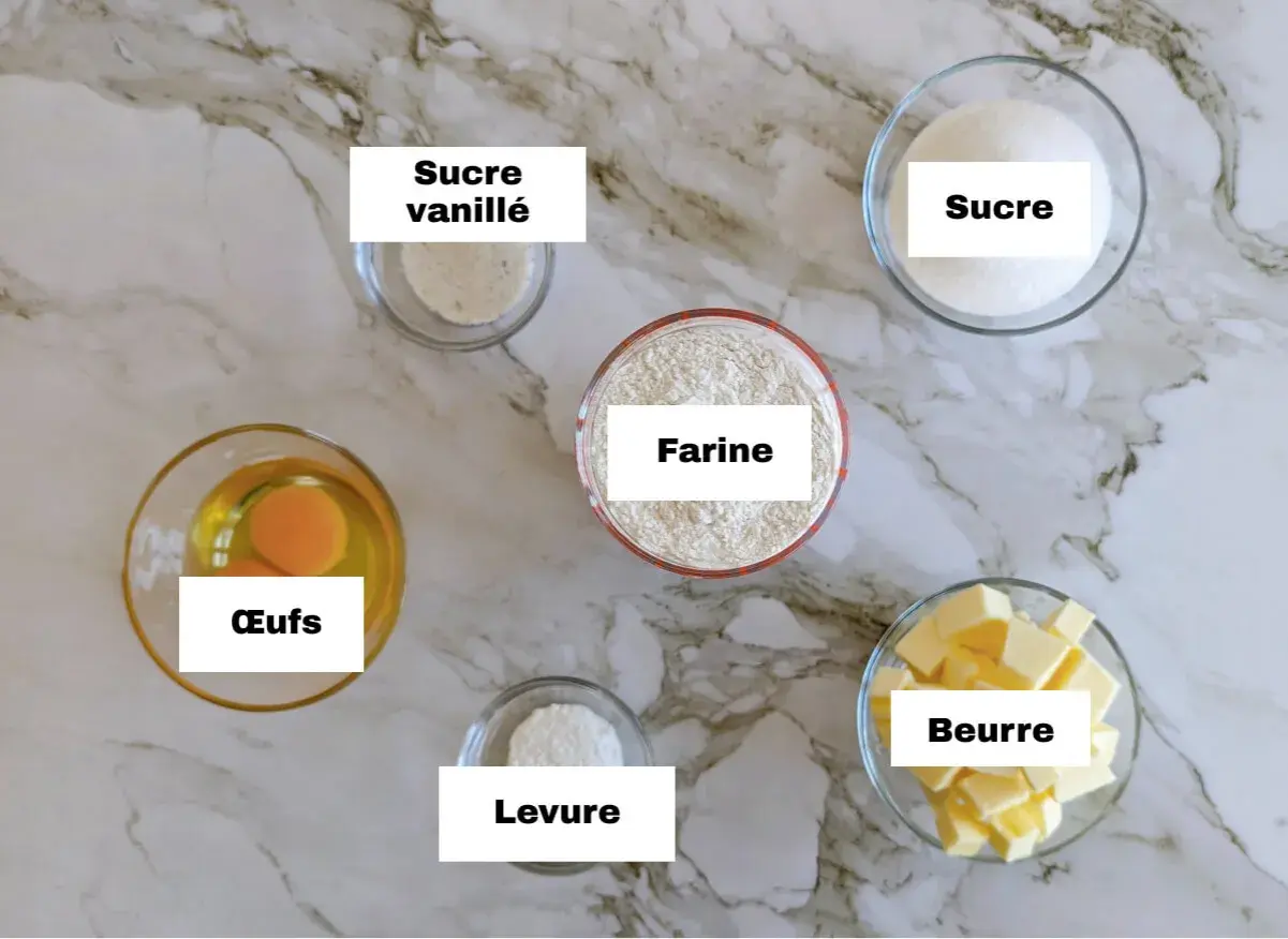 Ingrédients pour une délicieuse pâte sablée : farine, sucre, beurre, œufs, levure et sucre vanillé.