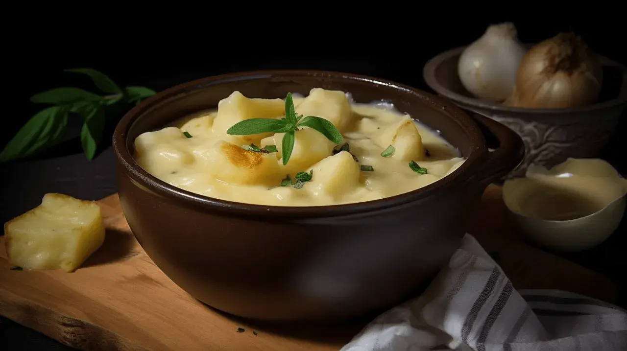 Un bol de pommes de terre crémeuses, garni d'herbes fraîches. Une délicieuse matouille recette pour un repas réconfortant.