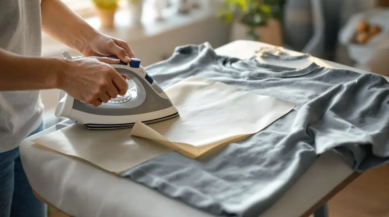 Utiliser un fer à repasser pour enlever un flocage sur un vêtement. Une feuille de papier protège le tissu.