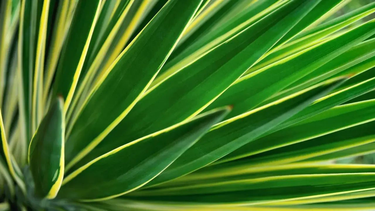 Nahaufnahme von grünen Blättern einer Yucca Palme mit gelben Rändern, die wie ein Fächer angeordnet sind.