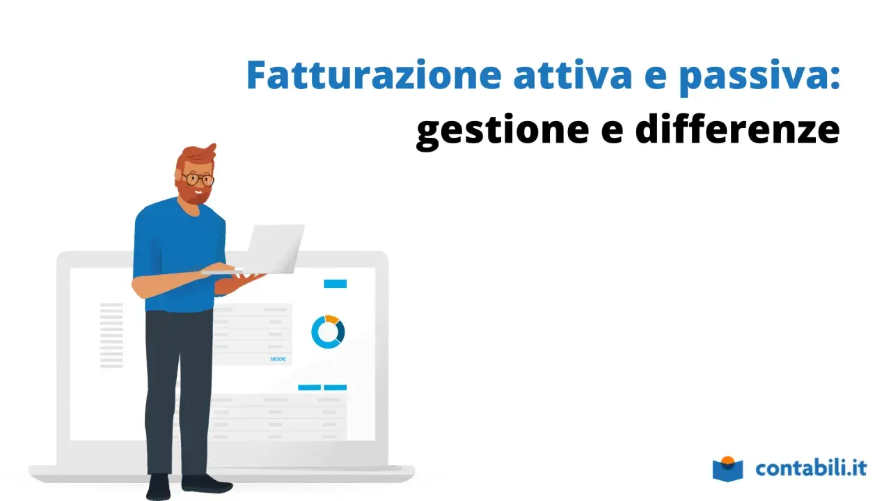 Uomo con laptop analizza grafici su schermo, illustrando la gestione della fatturazione attiva e passiva.