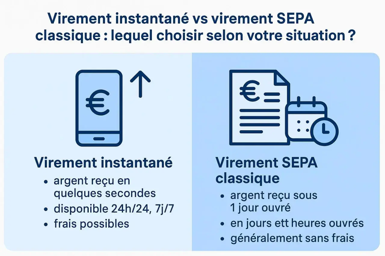 Comparaison entre virement instantané et virement SEPA classique : l'un est rapide, l'autre plus traditionnel.
