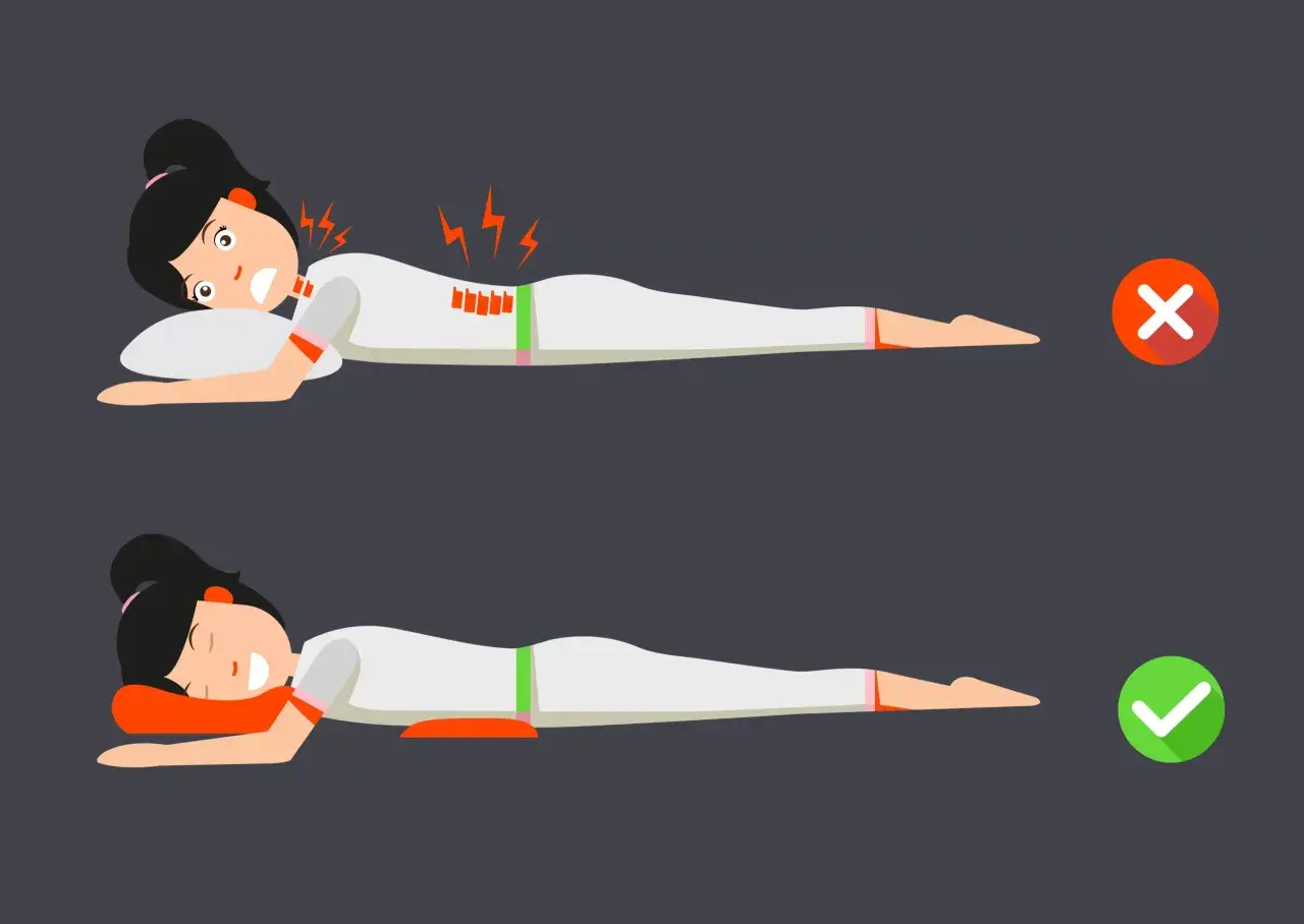 Top image shows pain from sleeping on your stomach. Bottom image shows proper posture with a pillow under hips, avoiding pain.