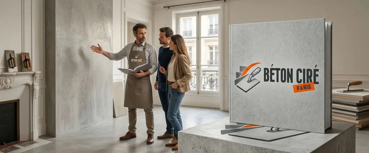 Un expert présente le béton ciré à un couple. Découvrez le prix du béton ciré au m² pour vos projets.