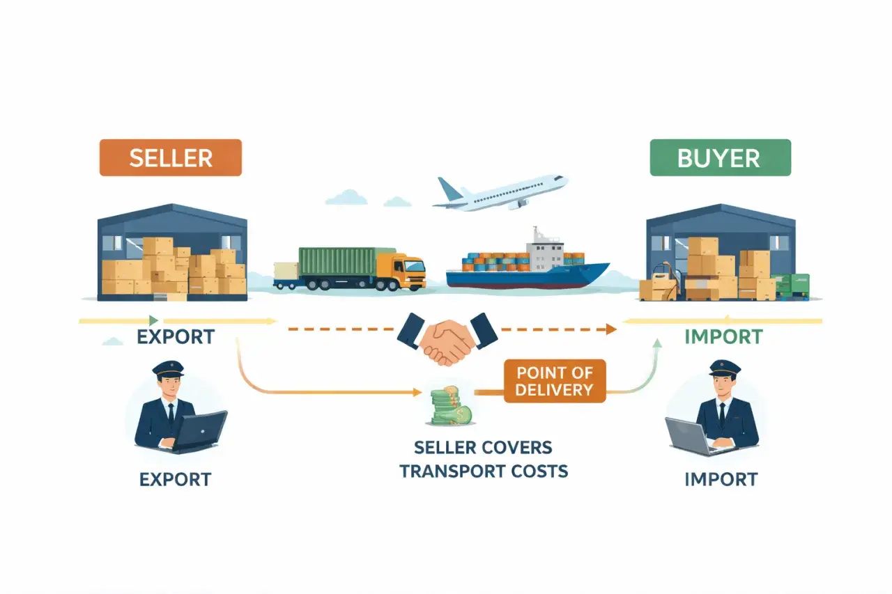 Schema für cpt incoterm: Verkäufer deckt Transportkosten bis zum Bestimmungsort. Export und Import mit LKW, Schiff, Flugzeug.