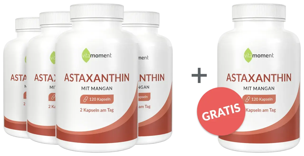 Vitamoment Astaxanthin mit Mangan: Vier Flaschen plus eine gratis. Ein starkes Astaxanthin Lebensmittel für Ihr Wohlbefinden.