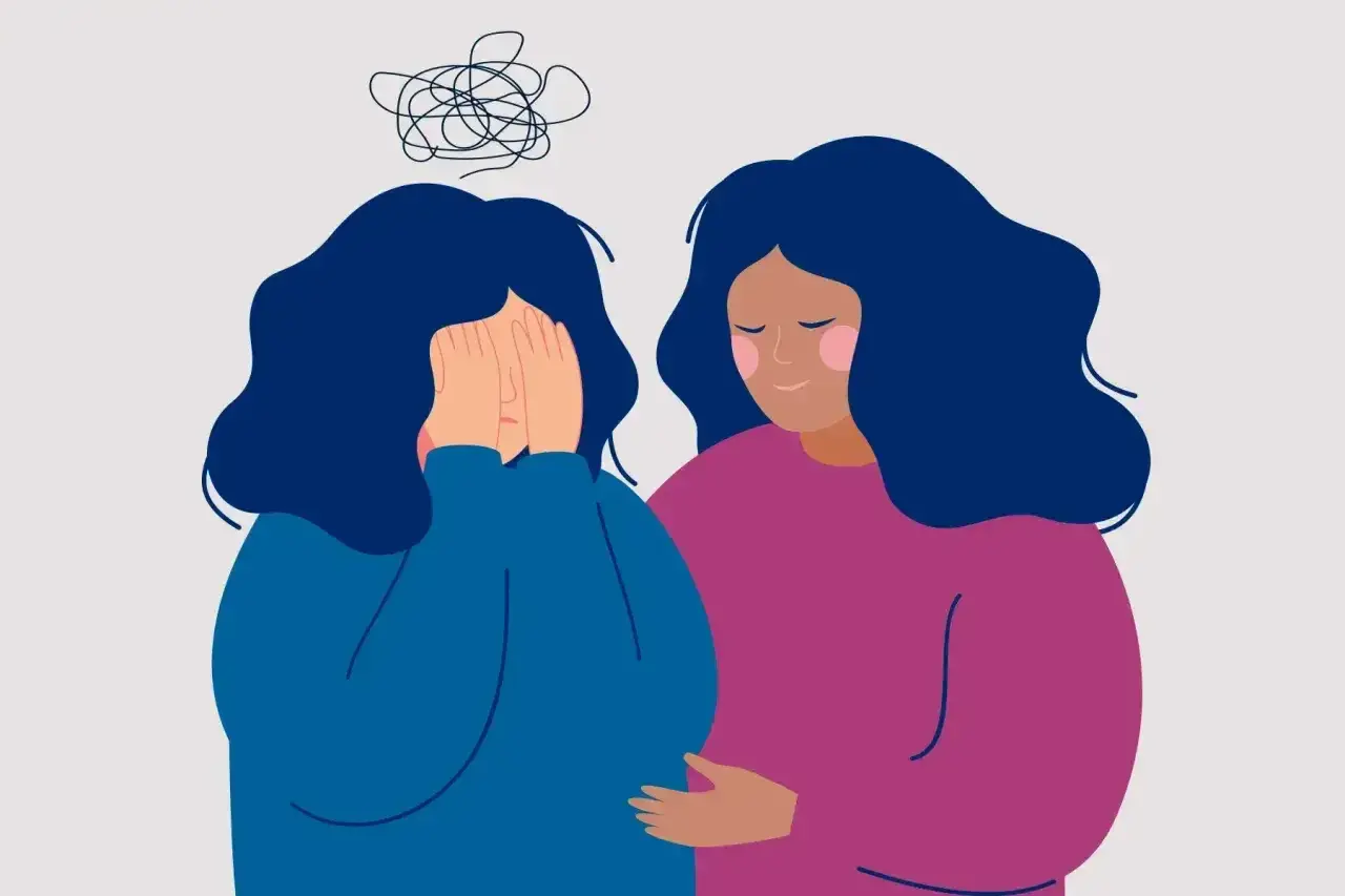 Dwie kobiety. Jedna zakrywa twarz dłońmi, nad nią kłębek splątanych myśli symbolizujący epizod psychotyczny. Druga obejmuje ją z troską.