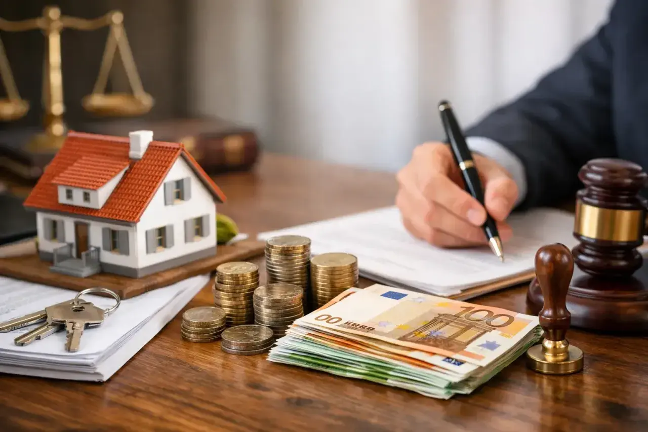 Maison, clés, argent et balance de justice. Qui paie les frais de notaire pour cette transaction immobilière ?