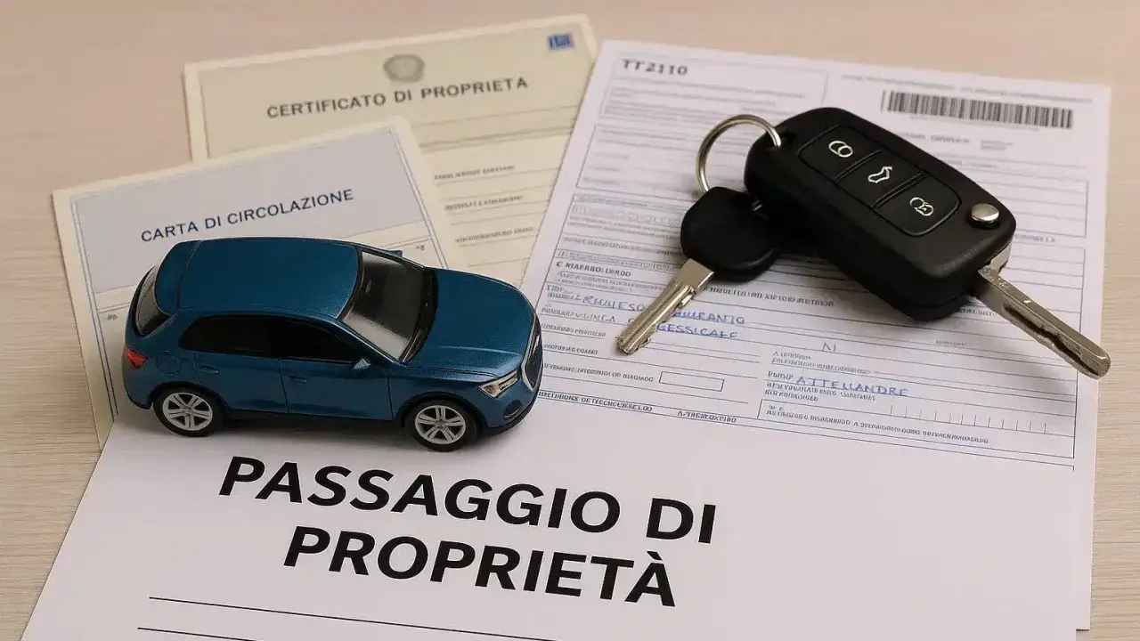 Modello di auto blu, chiavi e documenti per il passaggio di proprietà. La donazione auto è un processo che richiede questi documenti.