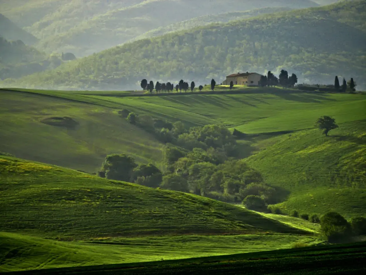 Dolci colline verdi vicino Orciano Pisano, con una casa isolata e cipressi.